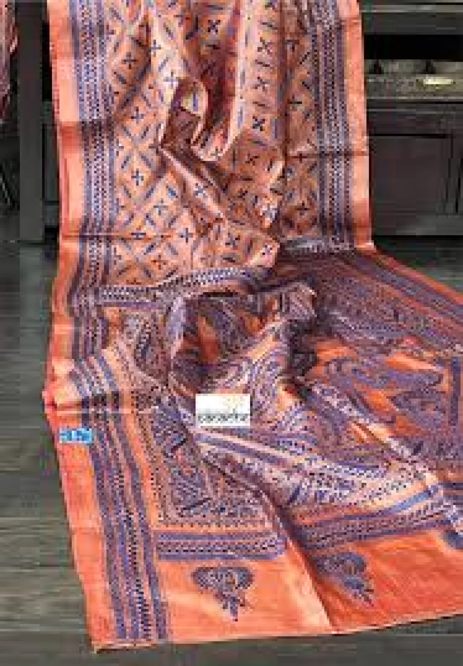 Rust Orange Tussar Silk Saree with Kantha Work