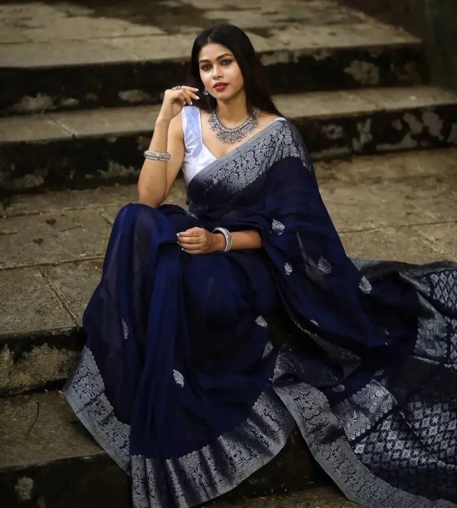 Midnight Blue Banarasi Soft Silk Saree