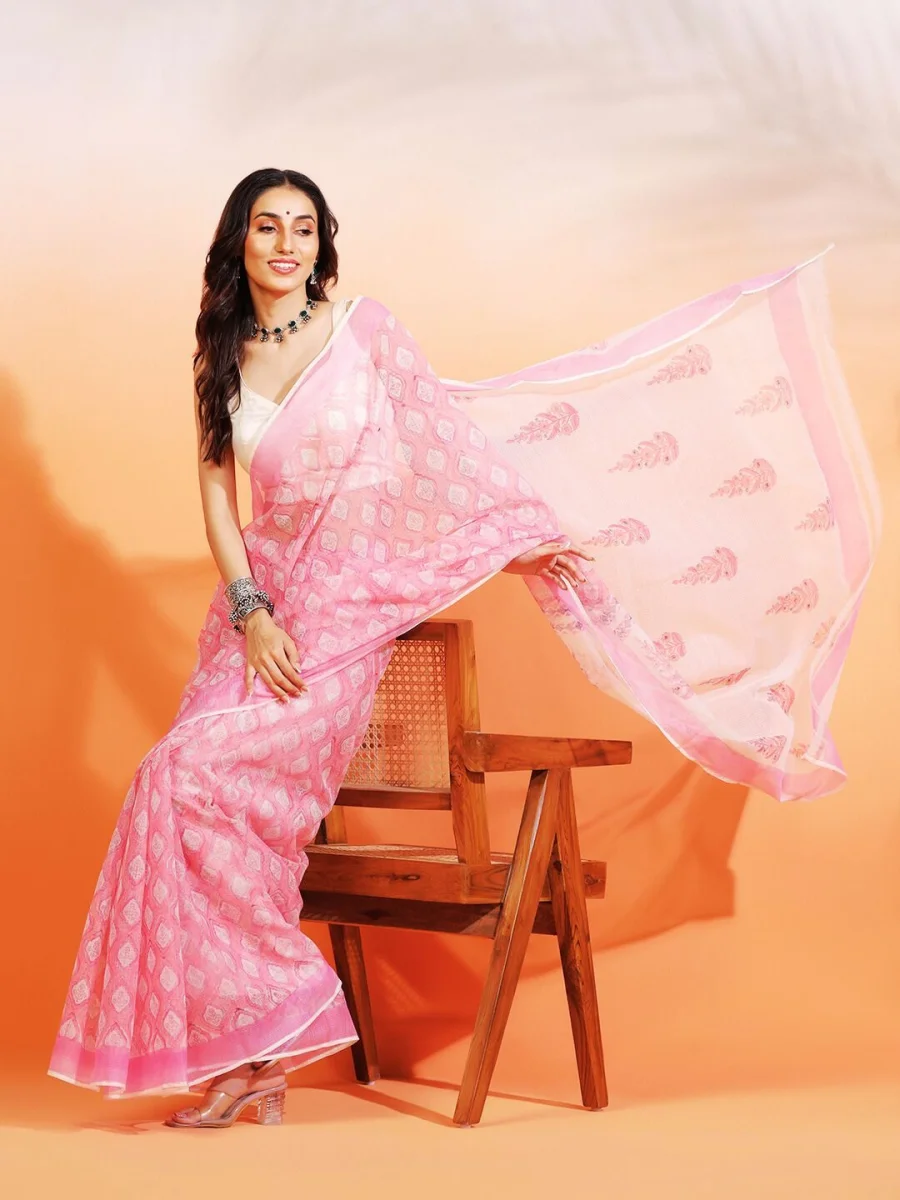 Pastel Pink Kota Doria Saree