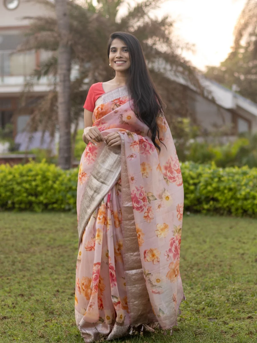 Blush Pink Sheer Organza Floral Saree