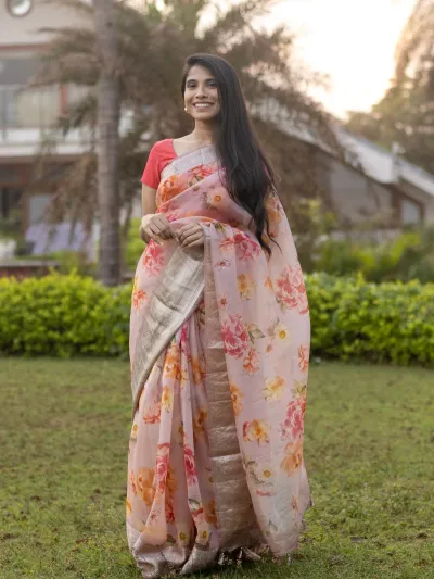 Blush Pink Sheer Organza Floral Saree