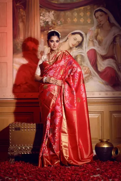 Red and Gold Festive Silk Saree