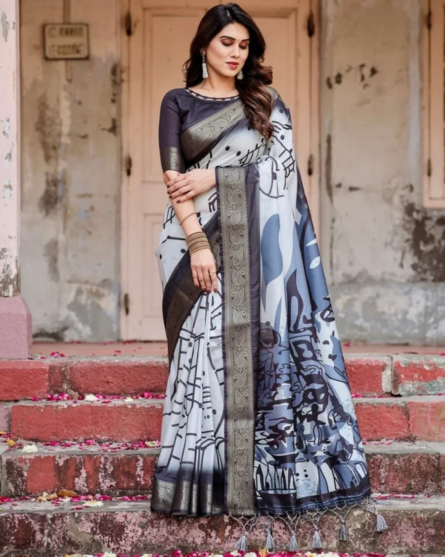Charcoal Grey Fusion Weave Saree